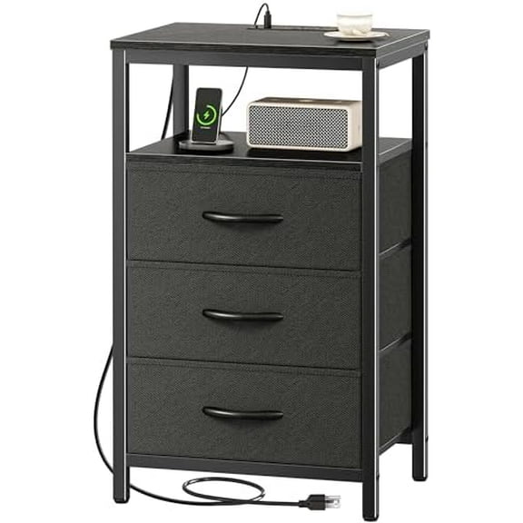 Nightstand with Charging Station, 27.6 Inch Side Table with Fabric Drawers, End Table Bedside Table with USB Ports and Outlets, Night Stand for Bedroom, Black
