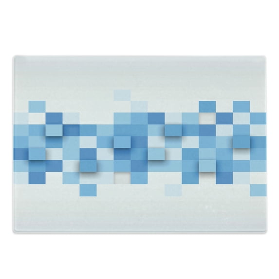 Abstract Cutting Board, 3D Graphic Illustration Squares Pattern Modern Mosaic Geometric Design, Decorative Tempered Glass Cutting and Serving Board, Large Size, Pale Blue Blue White, by Ambesonne