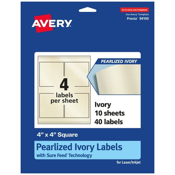 Avery Pearlized Ivory Square Labels, 4" x 4", 40ct
