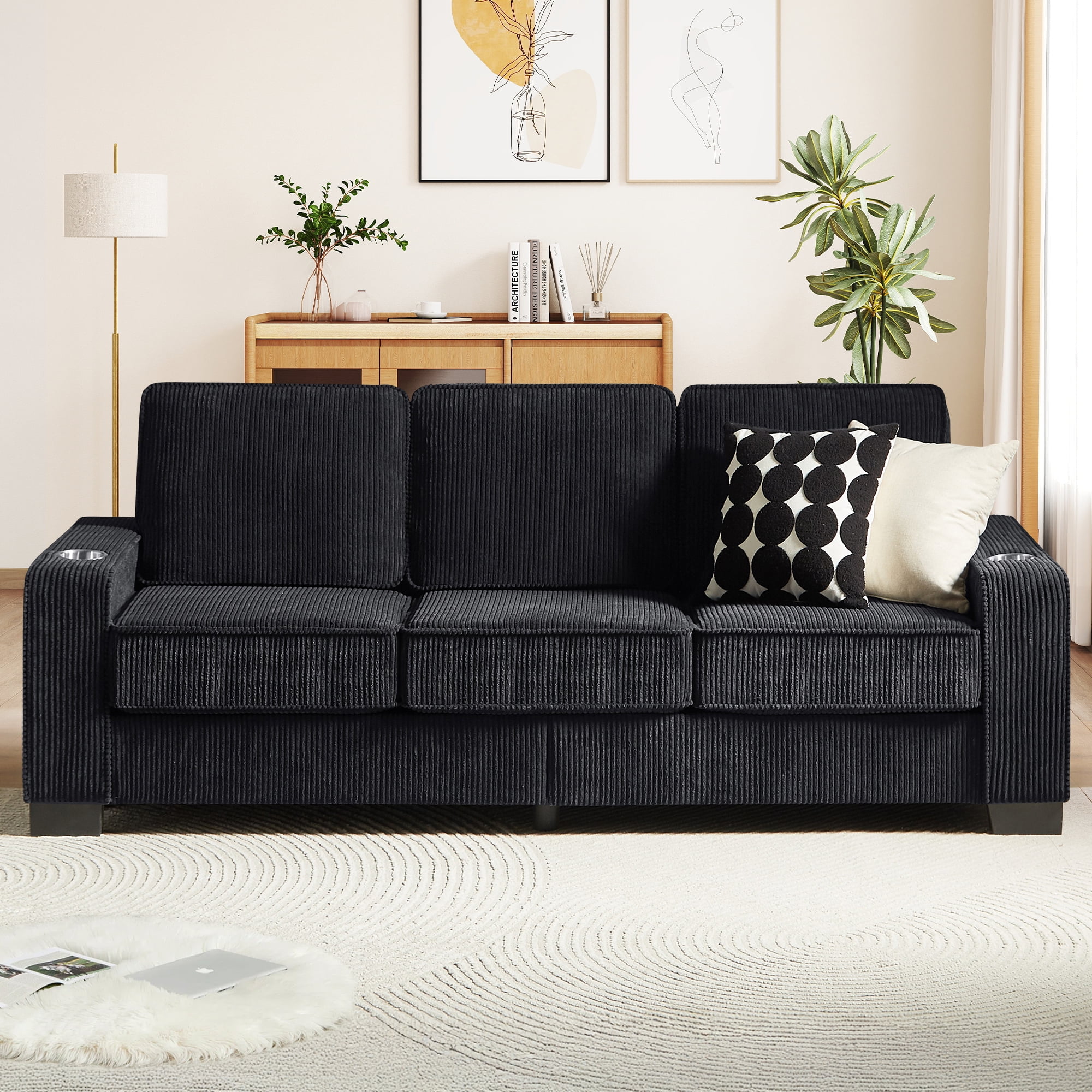 Lunale 83" Corduroy Sofa with Cup Holders, Modern 3-Seater Couch for Living Room, Apt., Black