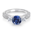 thumbnail image 2 of Gem Stone King 925 Sterling Silver Blue Created Sapphire White Topaz and White Moissanite Engagement Ring for Women (2.34 Cttw, Gemstone September Birthstone, Round 7MM and 4MM, Size 6), 2 of 3