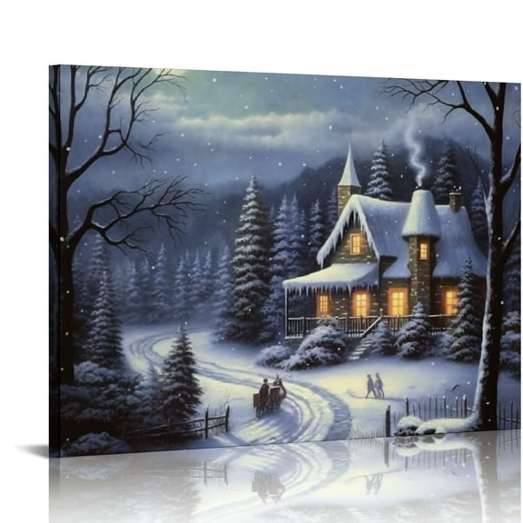 JRXY Church Christmas Canvas Print Winter Woodland Country Snowy Forest Setting Wall Art Decor for Home Office - Living Room Bedroom Theme 1699845759011917 20x16in