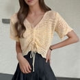 thumbnail image 2 of JIAYUE Womens Swimwear Cover-Ups Crochet V Neck Short Sleeve Hollow Solid Color Comfortable Drawstring Crop Shirt Sexy Beachwear Lace Up Bathing Suit Cover Up Top, 2 of 7