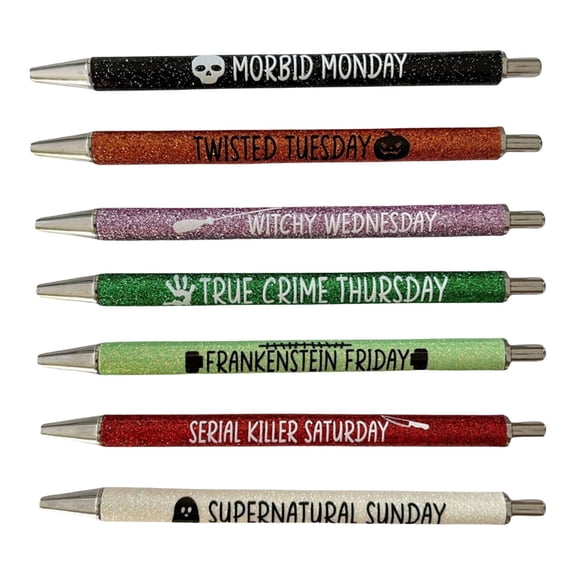 LKWLPD Halloween Weekday Glitter Pens 7 Pcs Funny Pens Halloween Weekday Glitter Pen Set True Crim Witchy Office Decor Halloween Pens 