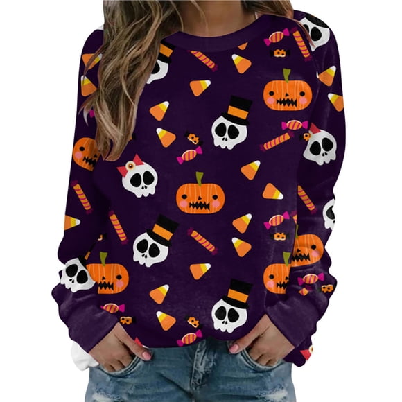 Txlixc Moda para mujer Camisa atlética de Halloween salvaje Calavera Fantasma Gato Calabaza con estampado de cuello redondo Jersey de manga larga Top Txlixc moda