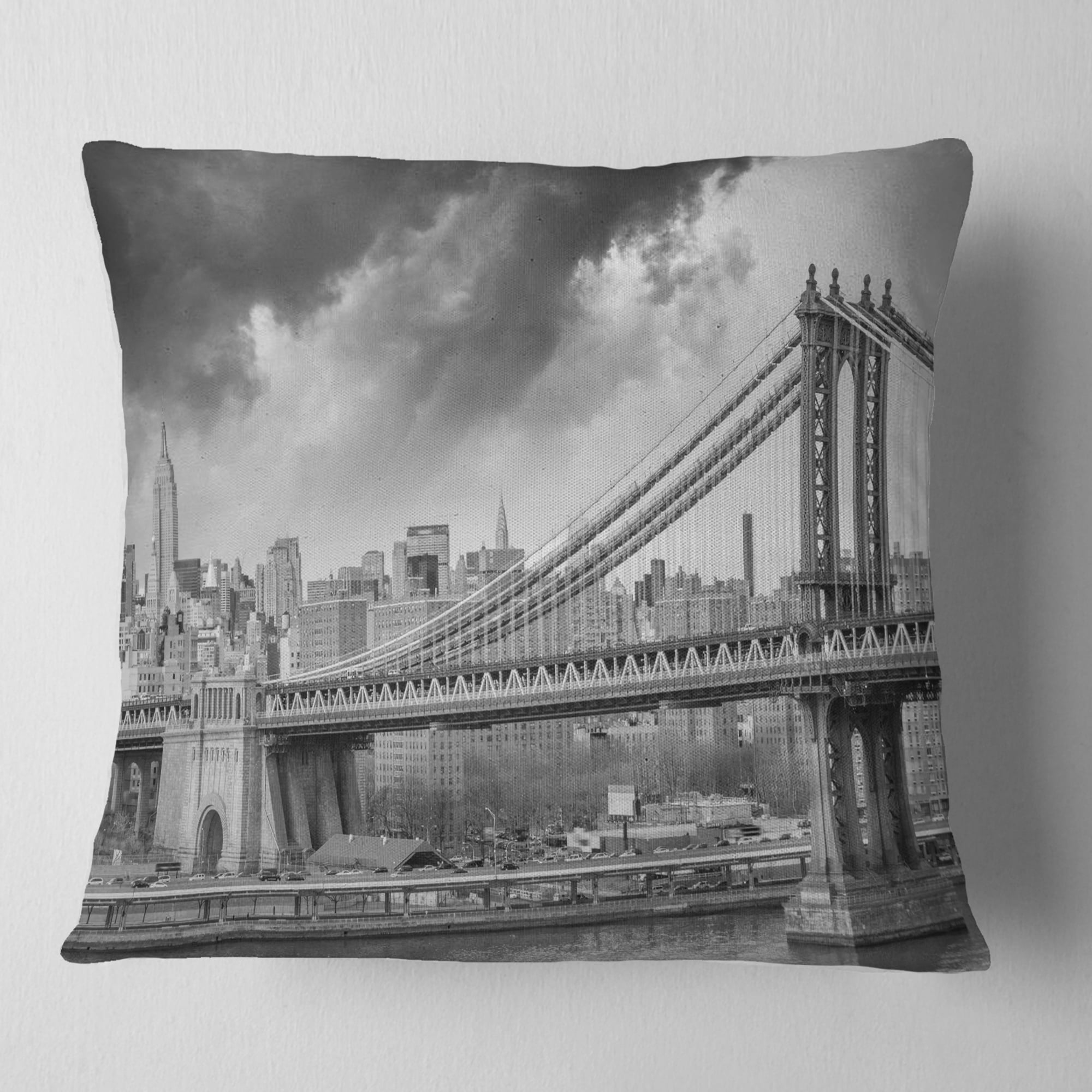 Designart Gray Manhattan Skyline - Cityscape Photography Throw Pillow - 16x16