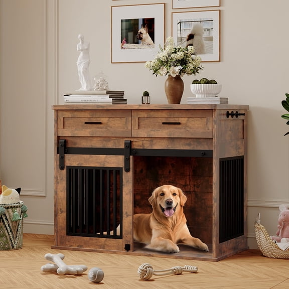 44.5'' Dog Crate Furniture with Hook & Storage Drawers, Wooden Heavy Duty Dog Kennel Indoor with Sliding Barn Doors, Decorative Pet House End Side Table TV Stand for Medium/Small Dogs,Brown
