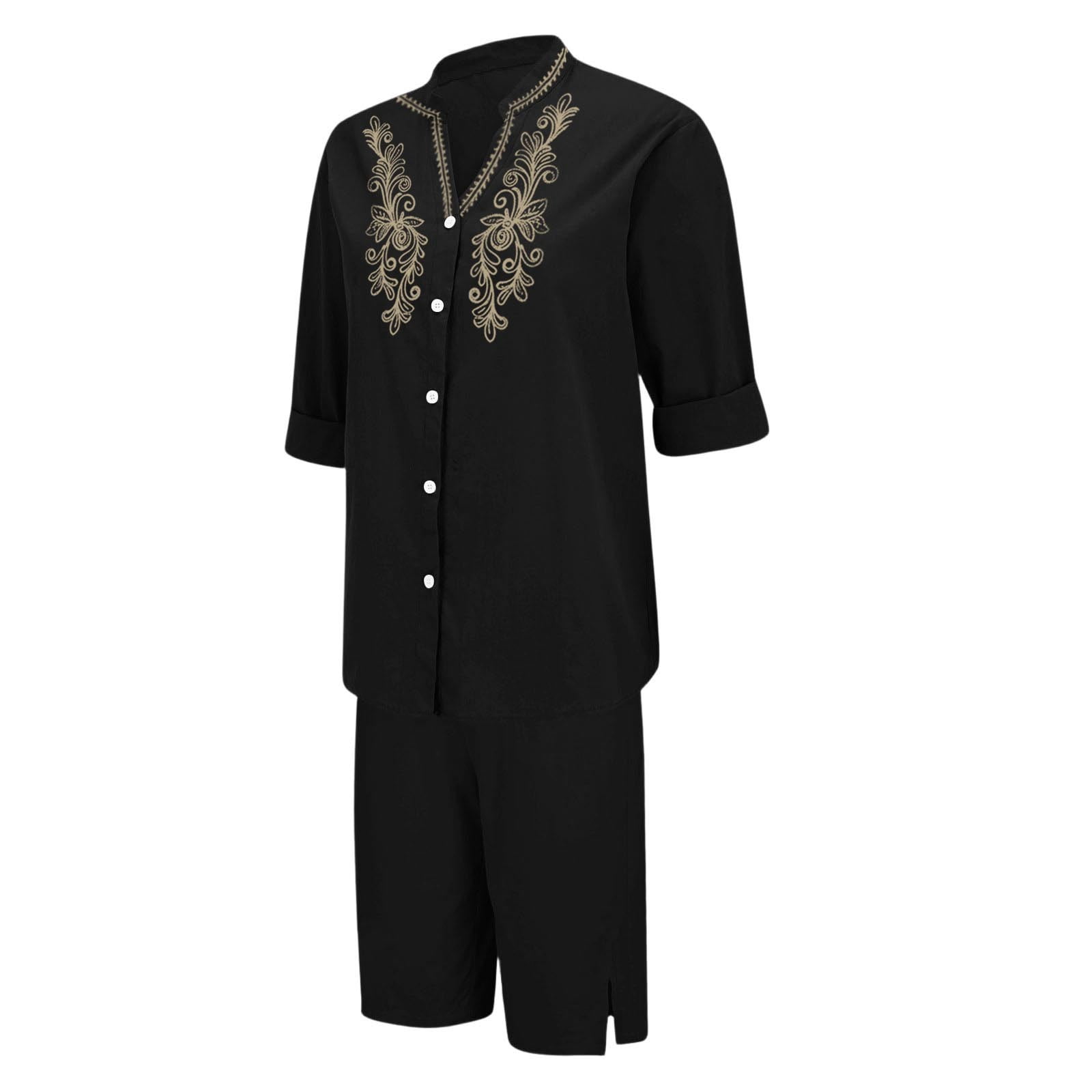 Womens 2 Piece Outfits Short Sleeve Cotton Linen Embroidered Shirts Wide Leg Capri Pants Matching Sets