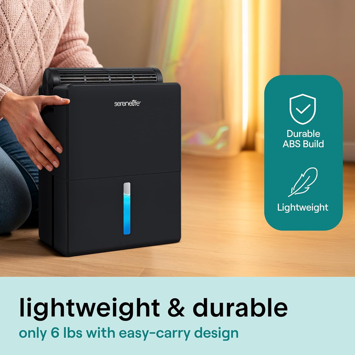 SereneLife 91 Oz Quiet Home Dehumidifier with Drying Base – Smart Humidity Control, Timer & Sleep Mode, Ideal for Bedroom, Bathroom & Basement, Up to 1200 Sq Ft Coverage (Black, 9 x 6 x 13 In)