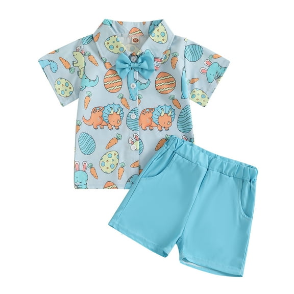 Okbabeha Toddler Baby Boy Easter Outfit Chick Short Sleeve Button Down Shirt Shorts 2Pcs Gentleman Set