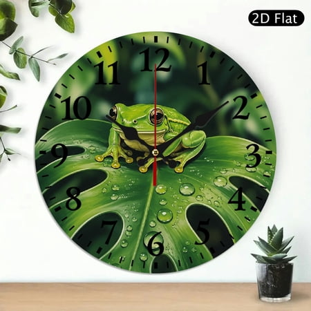 Patifu Green Frog On Dewy Leaf Round Wooden Wall Clock Silent Mechanical Movement for Home Decor 10x10in