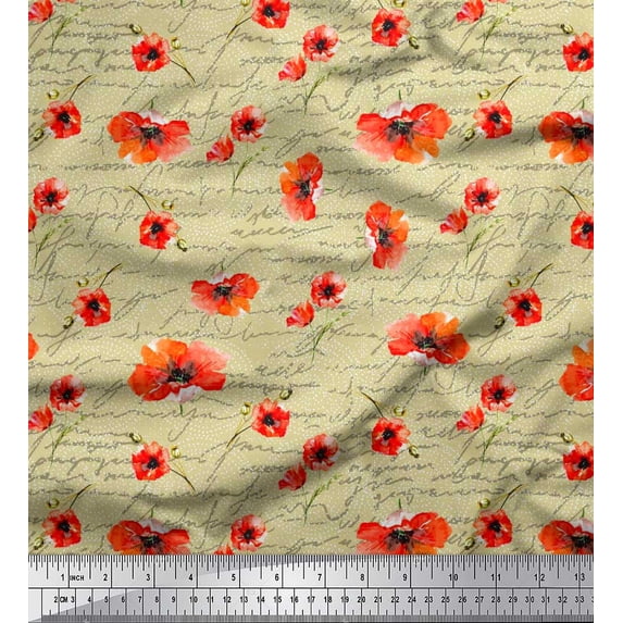 Soimoi Beige Moss Georgette Fabric Text & Poppy Floral Print Sewing Fabric Yard 42 Inch Wide