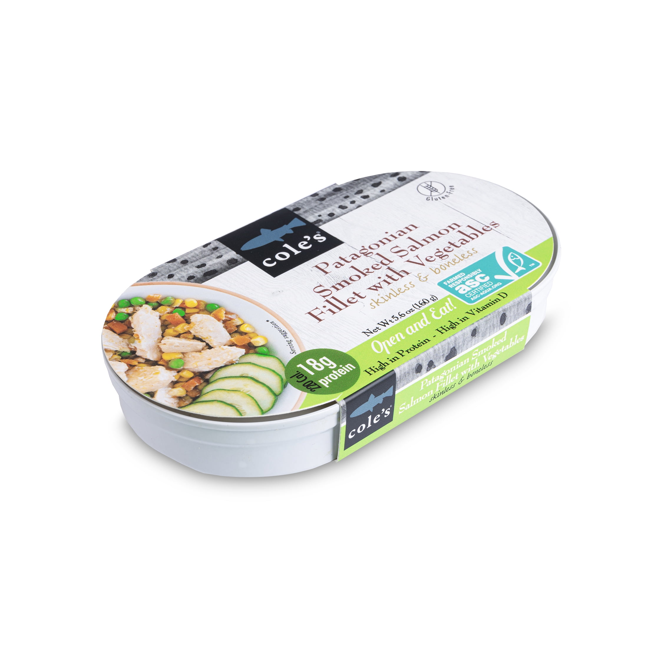 (6 pack) Cole's Open & Eat Patagonian Smoked Salmon Fillet (FISH) with Vegetables, 5.6oz (160g) High in Protein, High in Vitamin D, Skinless and Boneless