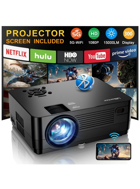 5G WiFi Bluetooth 15000LM Native 1080P Projector (Projector Screen Included),  300" Display Full HD Movie Projector, LCD Technology Support 4k Home Theater