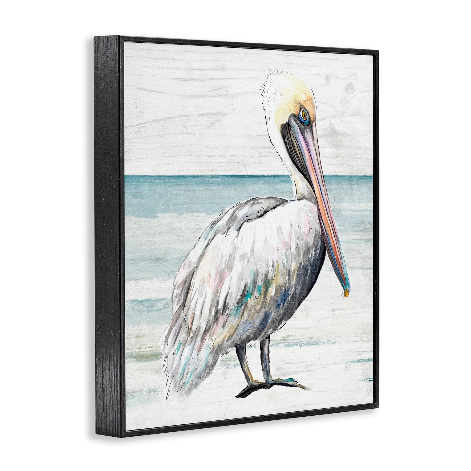 Stupell Industries Rustic Pelican Bird Beach Shoreline Portrait Graphic Art Black Framed Art Print Wall Art, Design by Patricia Pinto