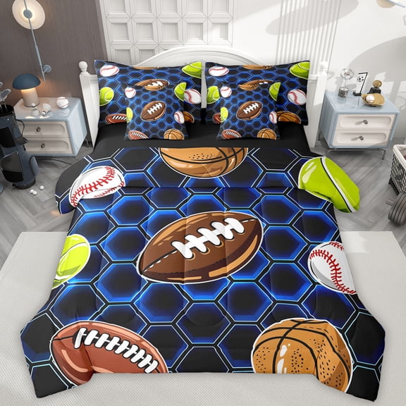 Manfei Rugby Sport 7-Piece Twin Bedding Sets,Football Game Gamer Bedding Comforter Set,Blue Geometric Honeycomb Hexagon Sheet Sets For Boys,Microfiber Bedroom Decor Reversible