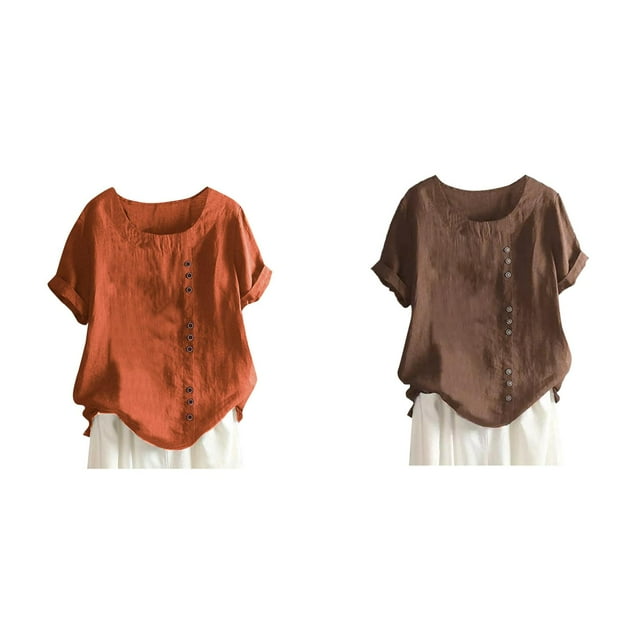 (Lot de 2) Rinsvye Chemises à Manches Longues Rondes Unies pour Femmes, Col Raglan, Ourlet Opaque, Fentes, Manches Courtes, T-Shirts Décontractés avec Boutons