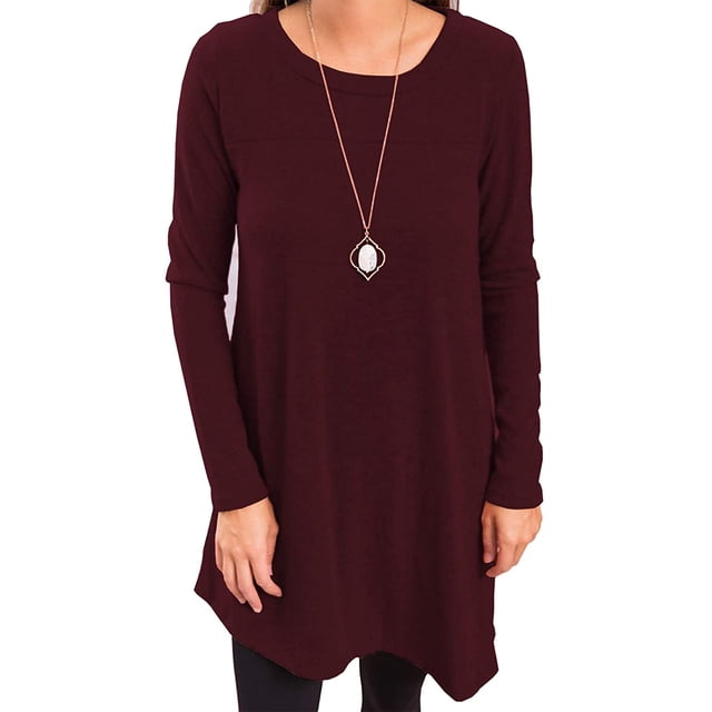 Maoww Women Top Long Sleeve Solid Color Fall Mini Dress Side Split Button Irregular Hem Sweater, Wine Red, M
