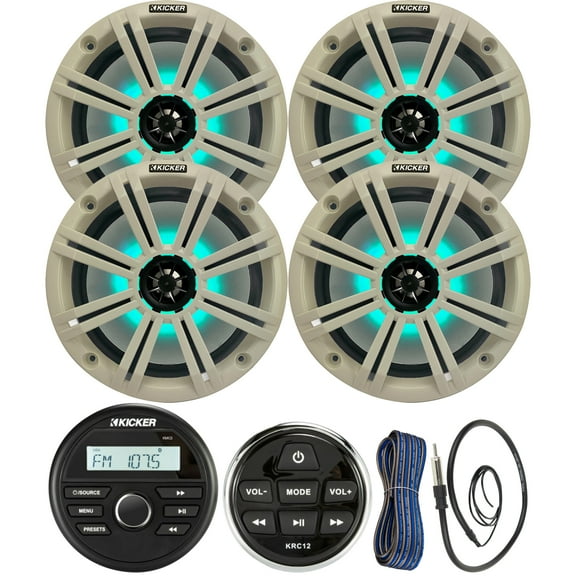 Kicker All-Weather Marine Gauge Style Bluetooth USB Stereo Receiver Bundle with Wired Remote, 4x 8" 2-Way 300W Max Coaxial Marine LED Speakers w/ White Grilles, 50-Ft 16-Gauge Wire, 22" Antenna