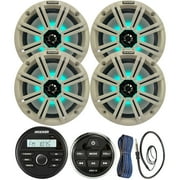 Kicker All-Weather Marine Gauge Style Bluetooth USB Stereo Receiver Bundle with Wired Remote, 4x 8" 2-Way 300W Max Coaxial Marine LED Speakers w/ White Grilles, 50-Ft 16-Gauge Wire, 22" Antenna