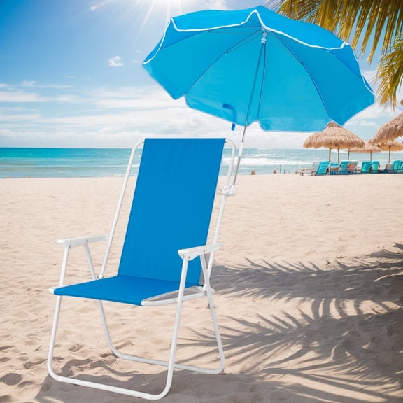 Heavy Duty Steel Beach Chair with Umbrella - XL Size, 15" Seat Height, Royal Blue Oxford Cloth, Single Position Adjustable, 120KG Capacity