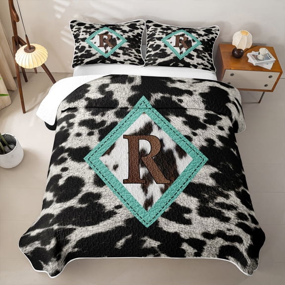 Feelyou Cowhide R Letter Twin Quilt Set for Women Girls, Western Farmhouse Style Twin Coverlet Set, Turquoise Brown, 2-Piece