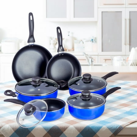 10 Pcs Nonstick Ceramic Cookware Set Kitchen Pots Sauce Fry Pan With Glass Lid - Blue