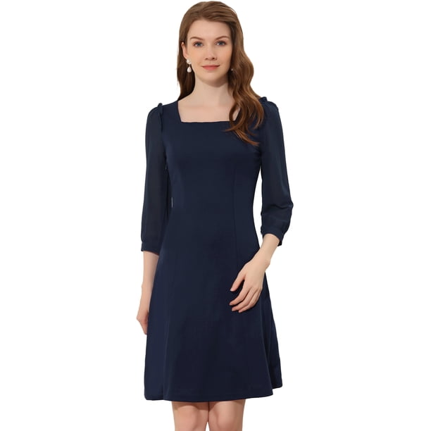 Vestido A Media Pierna De Chifón Transparente Con Manga 3/4 Y Cuello Cuadrado Para Mujer Azul oscuro S
