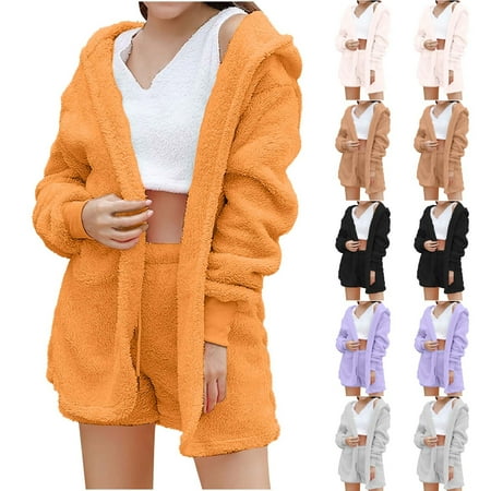 

APEXFWDT Womens Sexy Fuzzy 3 Piece Outfits Warm Sherpa Fleece Sweatsuit Open Front Cardigan Jacket Outwear and Crop Top Shorts Lounge Sets Pajamas