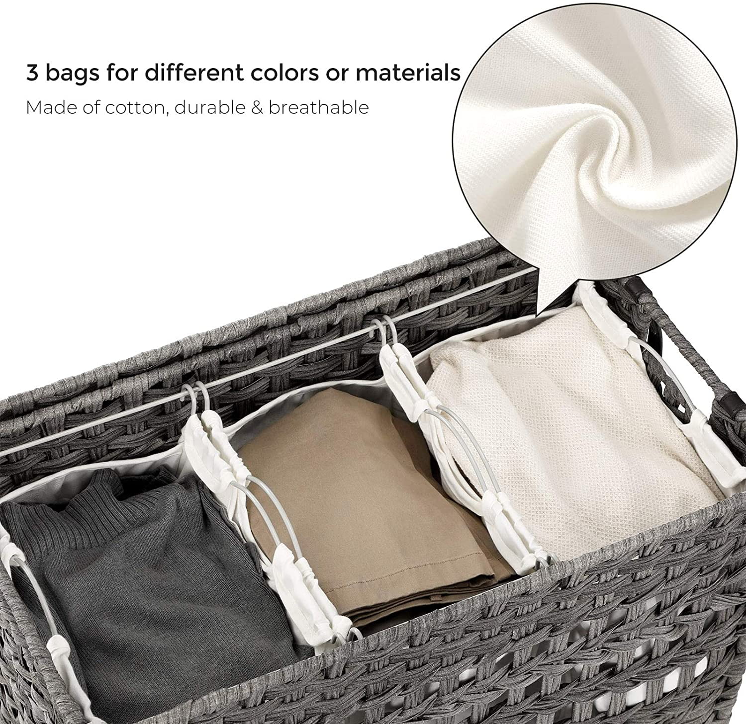 140L Laundry Hamper on Wheels 3 Compartment Laundry Sorter with Lid Clothes Hamper with Handles Wiker Laundry Basket for Laundry Room Gray
