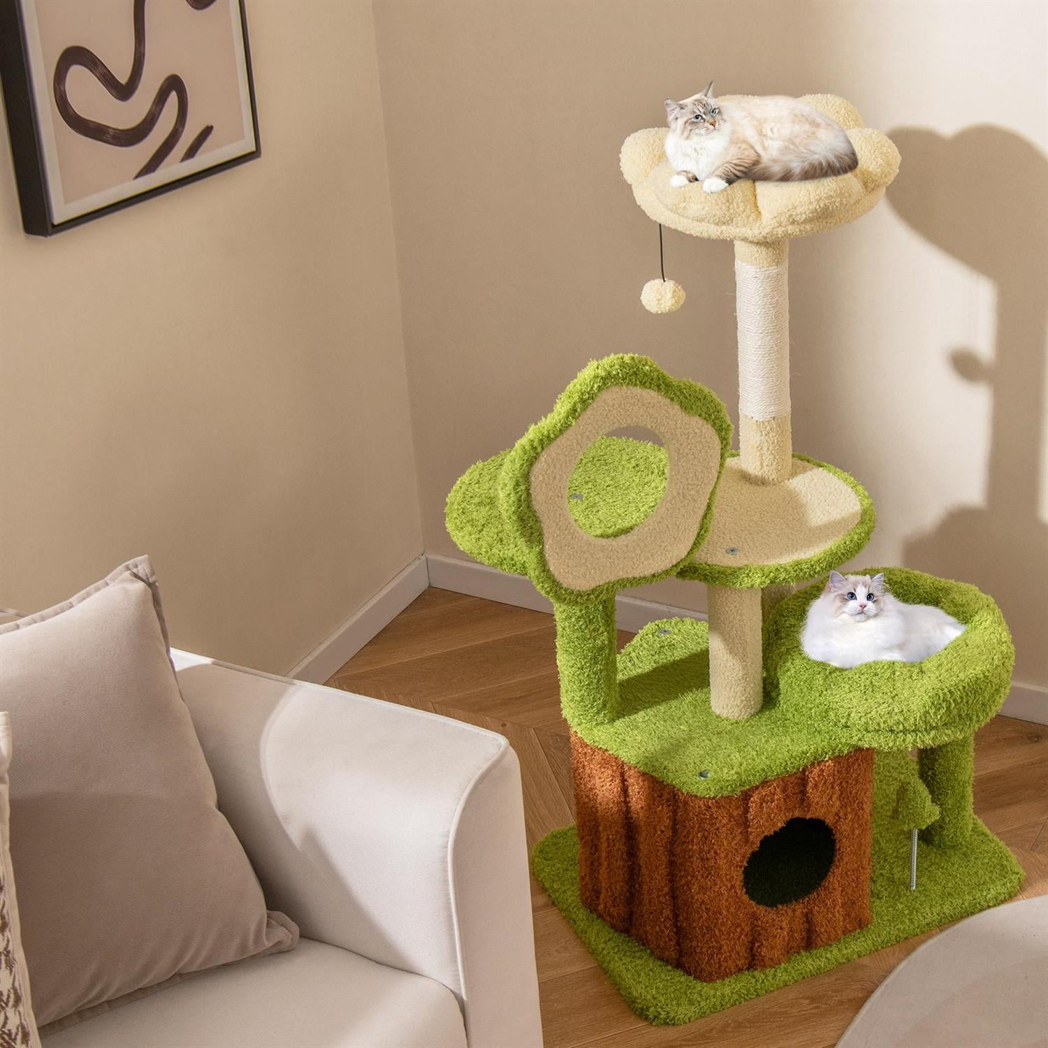 Pefilos Cute Multi-Level Cat Tree for Adult Cats, Trunk Condo & Flower-shaped Perch, Sisal Posts & Hanging Toys, Green
