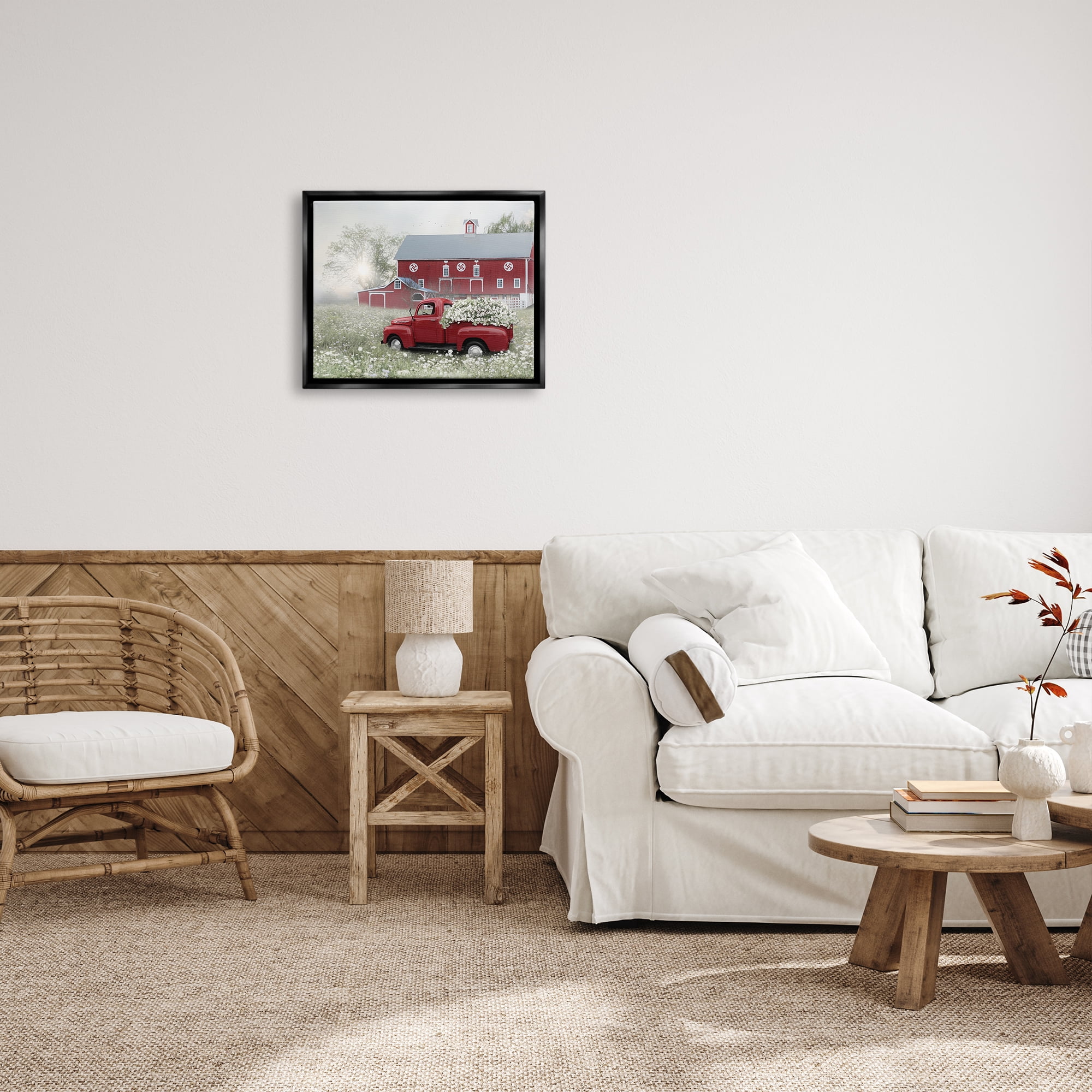 Stupell Red Truck Floral Country Meadow Transportation Painting Black Floater Framed Art Print Wall Art