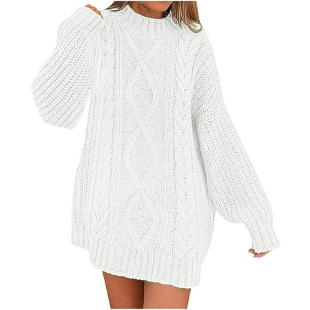 Aboser Women 2024 Fall Sweater Dress Solid Mock Neck Mini Dress Fall Long Sleeve Knitwear Chunky Cable Knit Pullover Short Sweaters Dresses