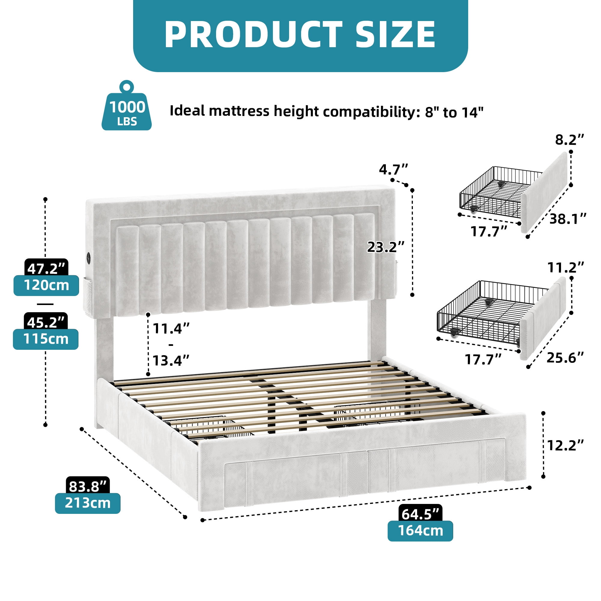 Uforic Queen Size White Velvet Upholstered Platform Bed Frame with RGB LED Lights, 4 Storage Drawers & USB Ports