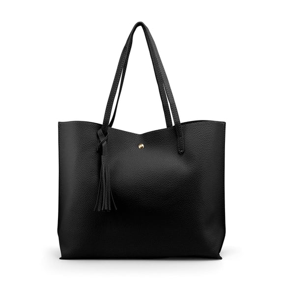 Fashion Tassel Leather Tote Bag for Women, Elegant Shoulder Handbag Satchel, Black, 1pc