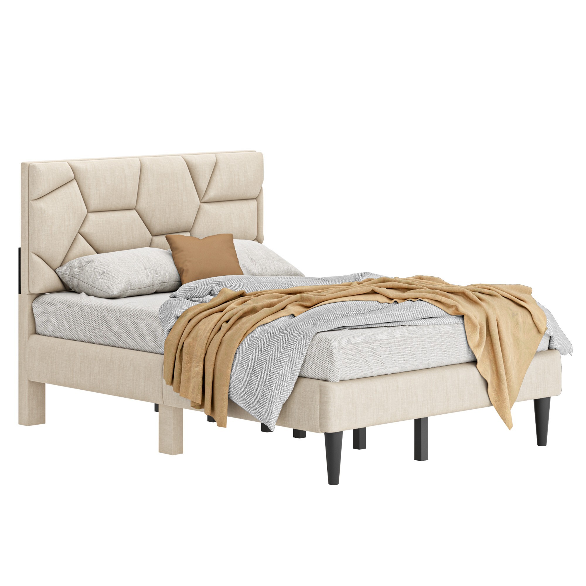 AENKYO Full Size Upholstered Platform Bed Frame with Linen Headboard, Sturdy Support, No Box Spring Needed, Beige