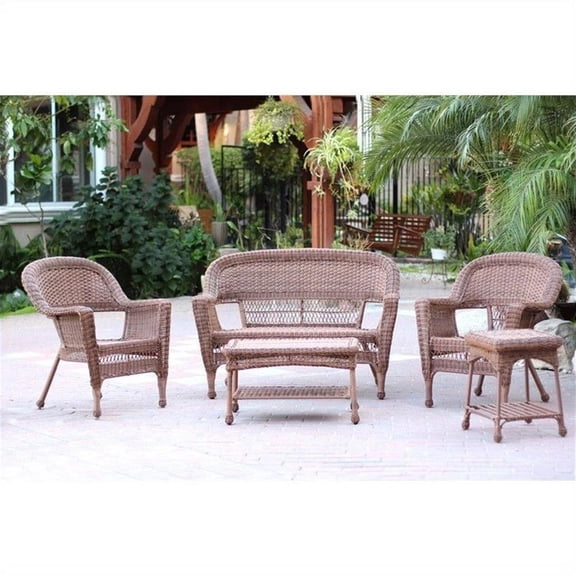 Jeco 5 Piece Resin Wicker Outdoor Patio Conversation Set in Honey