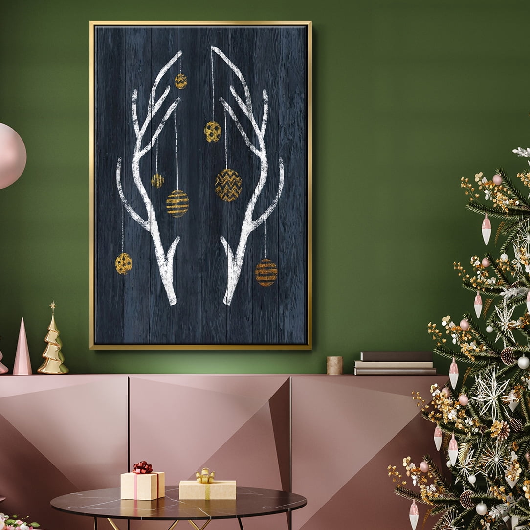 Antlers & Ornaments - Framed Gallery Wrapped Holiday Canvas - 25 x 37 - Gold Frame