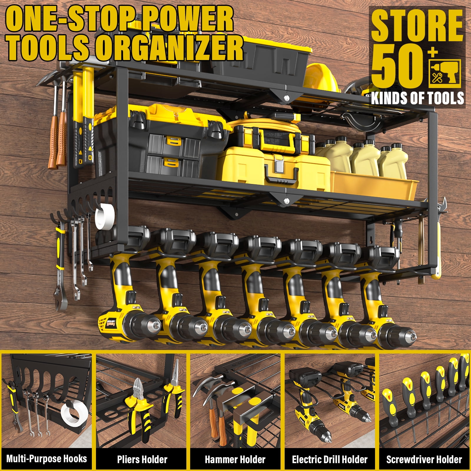 Merronix Power Tool Storage Organizer, 3 Tier Heavy Duty Metal Wall Mounted Garage Tool Storage Rack with 7 Drill Holders & Hooks, Black