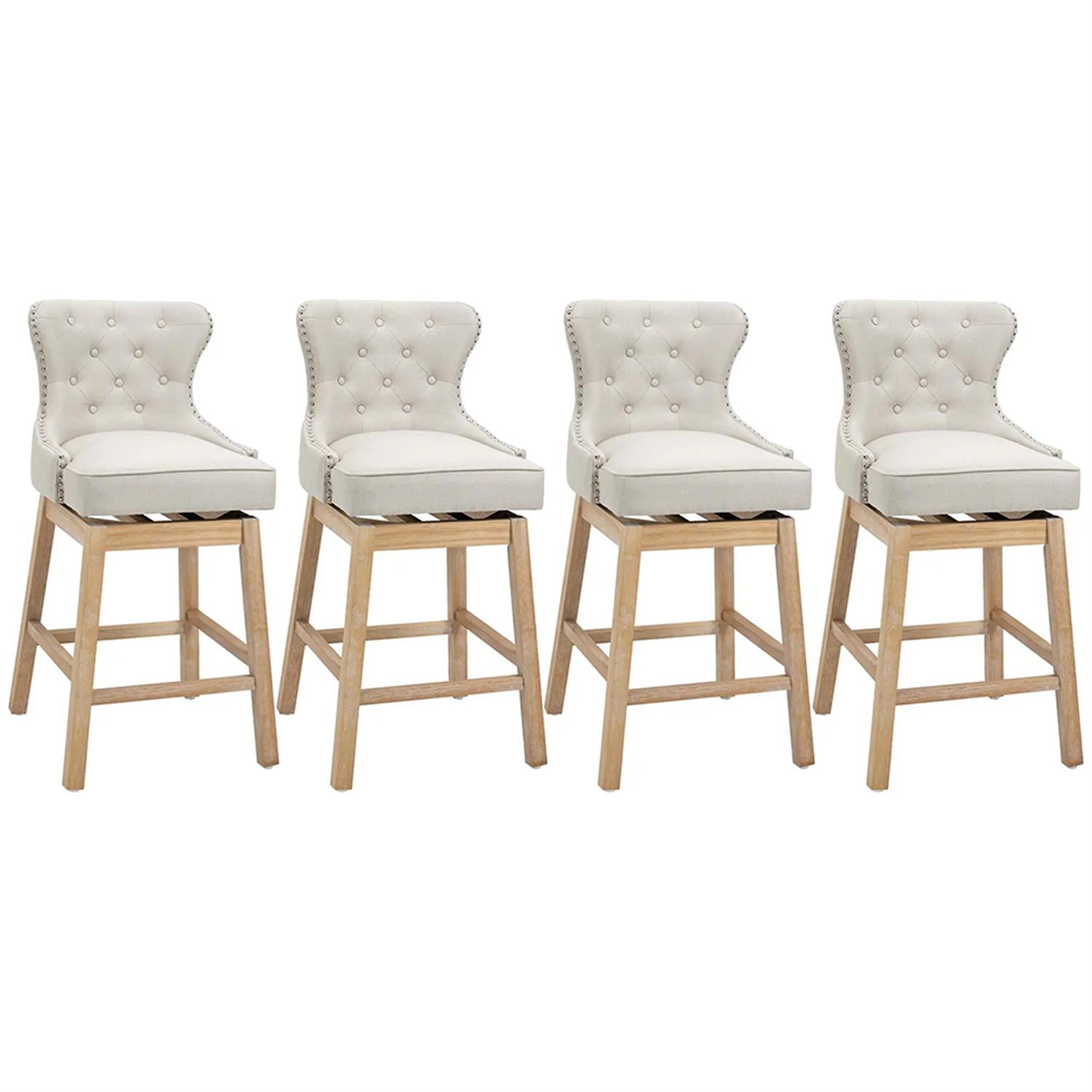 Demi Bonn Modern Memory Swivel Bar Stool Set of 4, Cushioned Bar 30" Seat Height Stool with Tufted Back, Nailhead-Trim and Solid Wood Legs, White