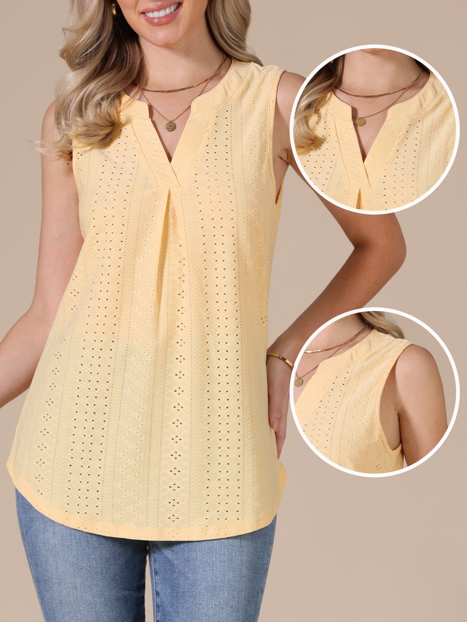 DARING DIVA Women's Eyelet Tank Top Sleeveless V Neck Casual Summer Blouse M Yellow