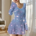 thumbnail image 2 of Yangnuo Womens V-Neck Flared Long Sleeve Mini Dress Star Print Wavy Hem Stretchy Casual A Line Dress, 2 of 5