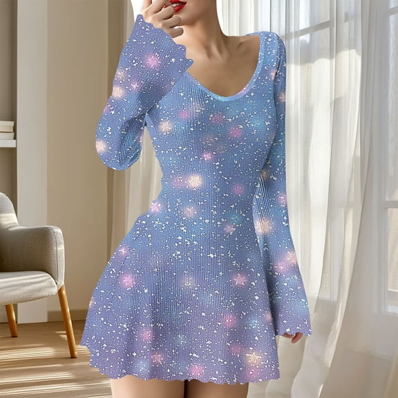 Gamivast Sweater Dress for Women Fitted V-Neck Ribbed Mini Dress Cocktail Dress Glitter Sparkle String Print Bodycon Club Night Party Outfits