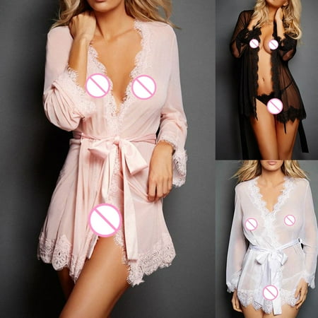 

Farfi Sexy Women Long Sleeve Open Front Lace Bathrobe Briefs Sleepwear Erotic Underwear