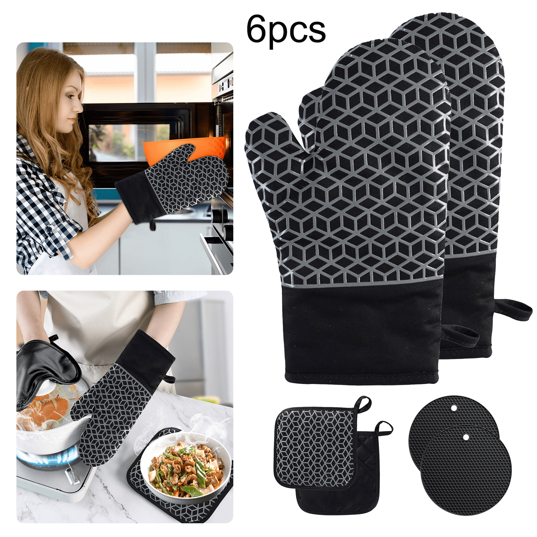 Runwin 6pcs Oven Gloves Pot Holders 300 °C Heat Resistant NonSlip Silicone Kitchen Linens