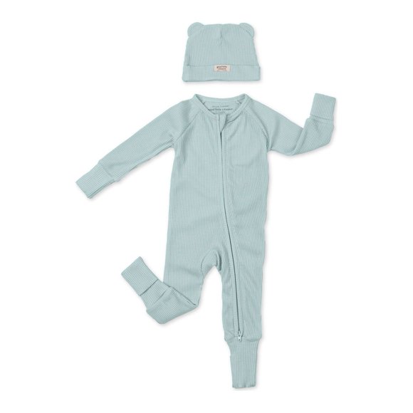 Bella Tunno Rib Zip Fit Footie Sleeper & Beanie Set - Fog (0-3 Months)