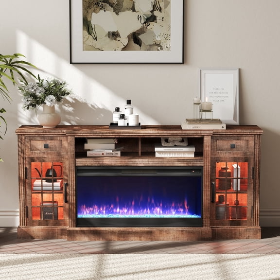 IFMUST 70" LED Fireplace TV Stand for TVs up to 80" , Farmhouse Entertainment Center with 36" Electric Fireplace and Storage Drawer, Light Brown