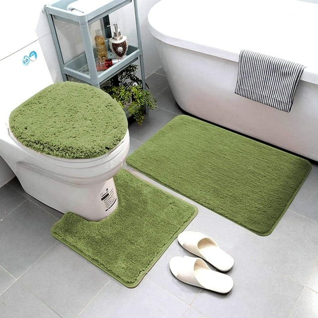 CPDD 3 Piece Bathroom Rug Set Includes Bath Rug, Contour Mat and Toilet Lid Cover, Machine Washable, Super Soft Microfiber & Non Slip Bath Rugs with Rubber Backing Solid (Sage Green) Sage Green -