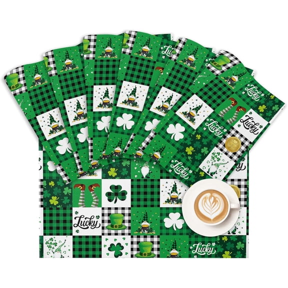 St Patrick''s Day Placemats Set of 6,Lucky Shamrock Clover Gnomes Cotton Linen Heat Resistant Table Mats Green Black White Buffalo Gingham Plaid Washable Spring Holidays Decorations For Kitchen Dining