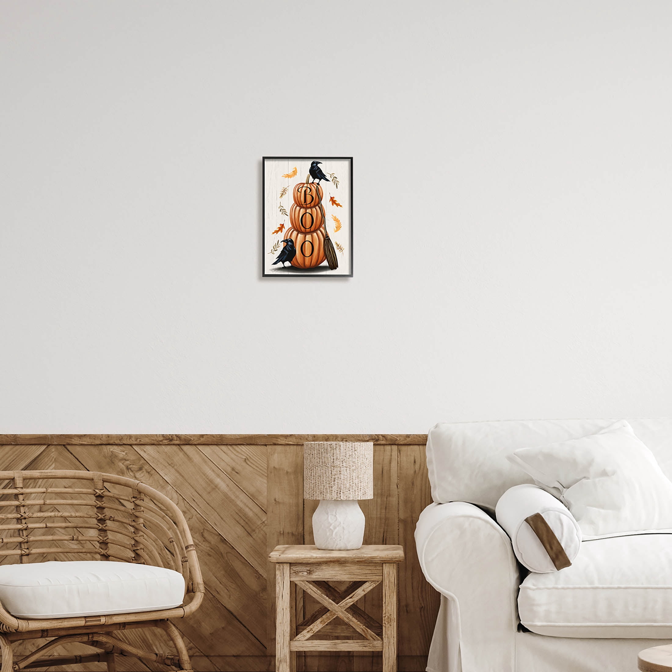 Stupell Industries Boo Ravens Pumpkin Stack Graphic Art Black Framed Art Print Wall Art, Design by Elizabeth Tyndall